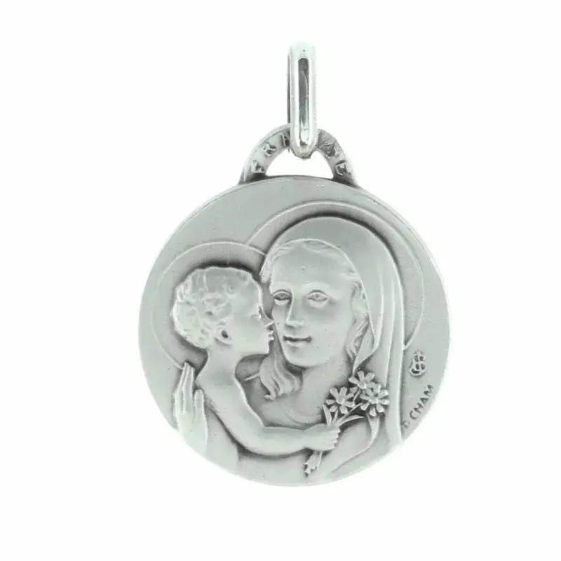 Médaille de la Vierge Marie au bouquet en Argent 18mm avec Gravure Personnalisée