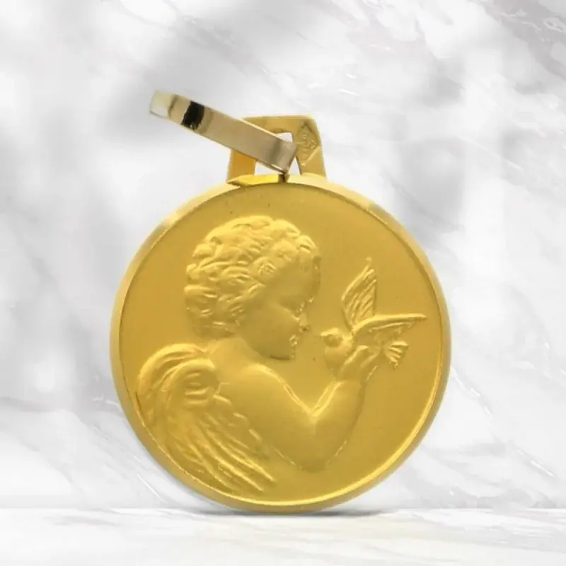 Médaille d'Ange à la Colombe en Or 18 carats 14 mm avec Gravure Personnalisée