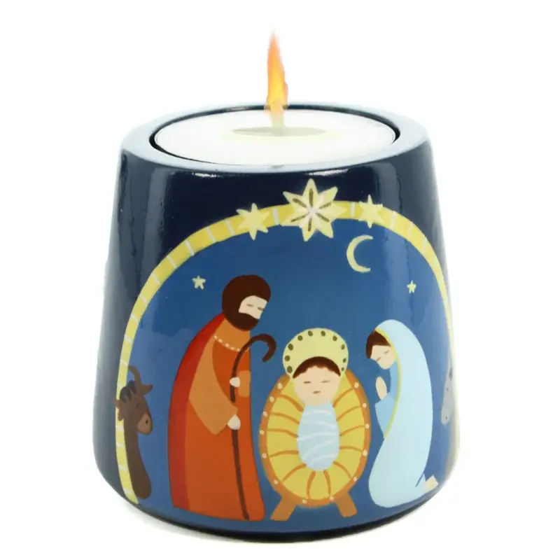 Bougeoir de la Nativité en bois naturel peint à la main avec bougie