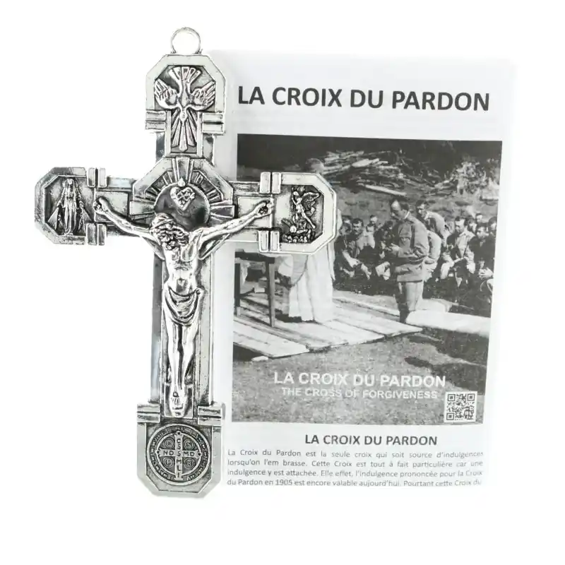 Croix du Pardon en métal argenté 11x7cm avec livret francais et anglais