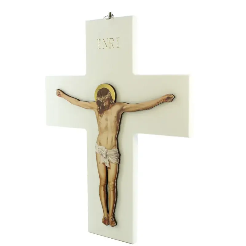 Croix blanche en bois avec image réaliste du Christ 24x9cm