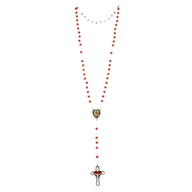 Chapelet Sacré Coeur de Jésus en verre rouge 5 dizaines