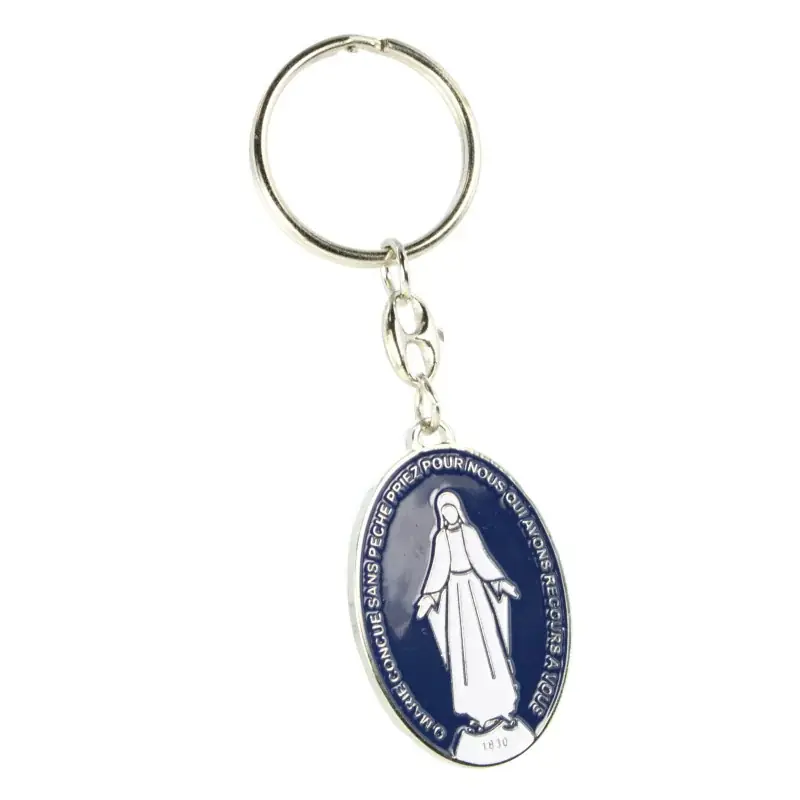 Porte clé Médaille Miraculeuse emaillé blanche et bleue