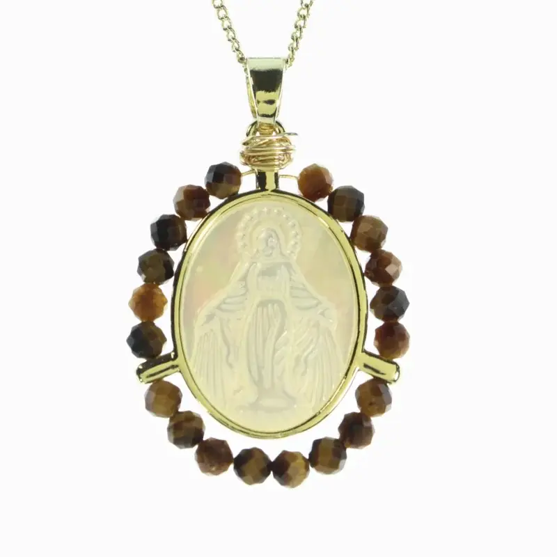 Collier de la Vierge Miraculeuse doré entouré de pierres Oeil de Tigre