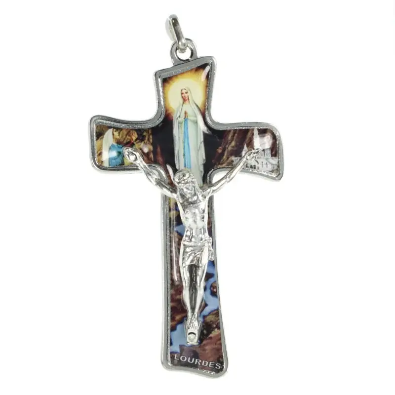 Croix Apparition de Lourdes et Christ crucifié en métal et résine 7cm