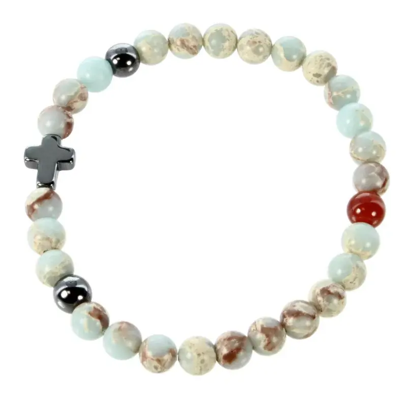 Bracelet en pierre naturelle bleutée et croix en hématite