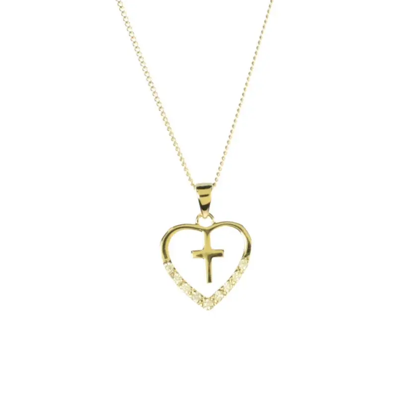 Pendentif en Plaqué Or d'une Croix dans un Coeur avec des strass