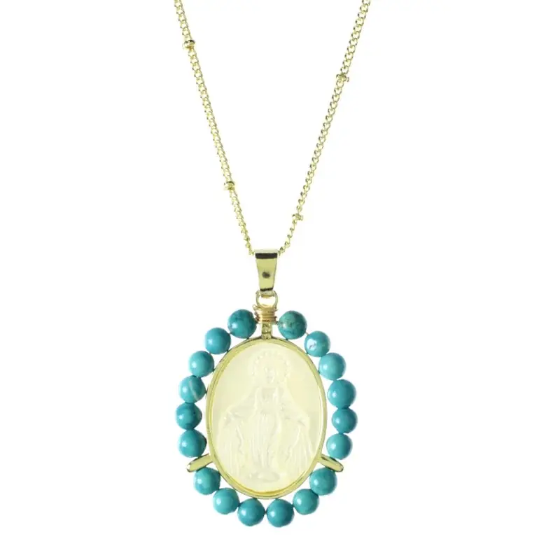 Collier de la Vierge Miraculeuse doré entouré de pierres de turquoise
