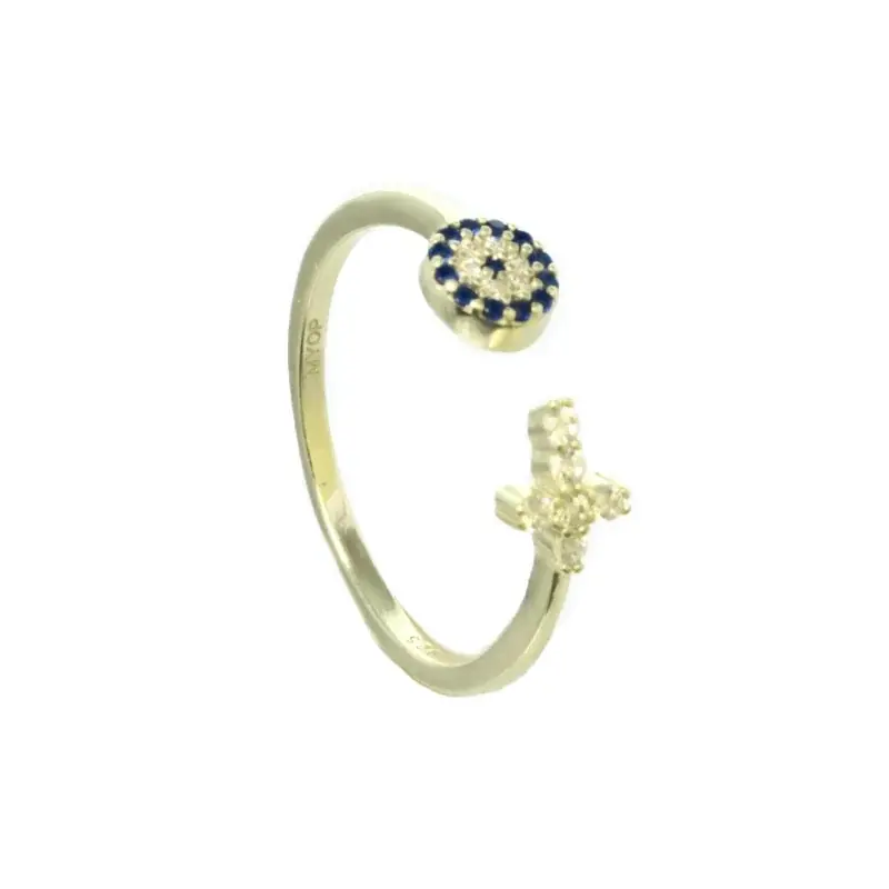 Bague en argent doré avec une croix et un zircon bleu