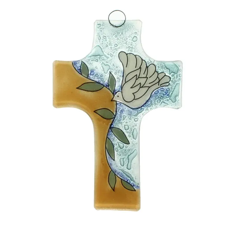 Croix en Verre 8x12cm orange et bleue avec une colombe