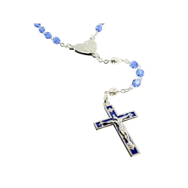 Chapelet de Lourdes avec des grains en verre bleu et coeur de l'Apparition