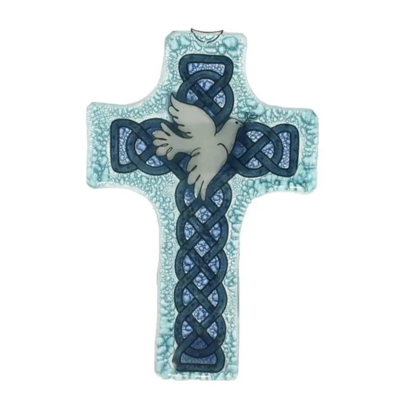 Croix en verre bleue avec une colombe blanche 8x12cm
