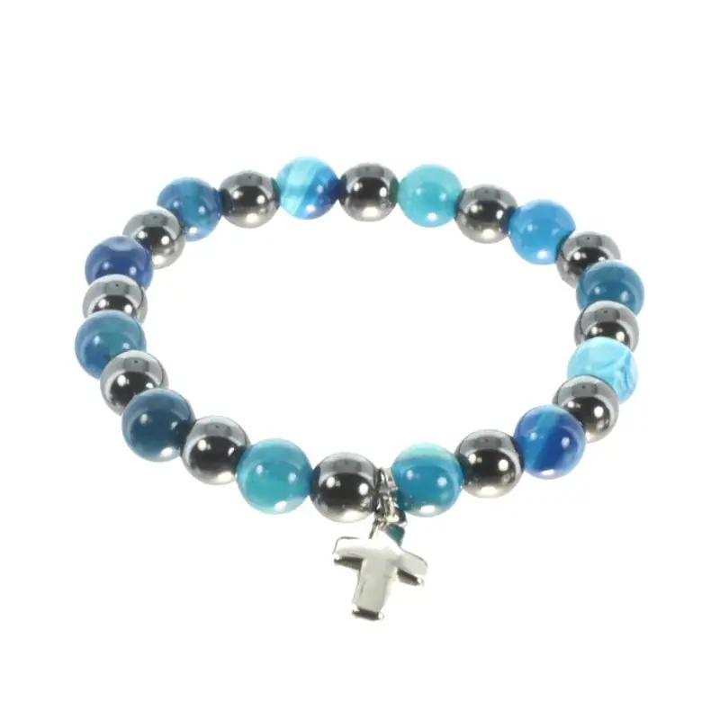 Bracelet en hématite et agate bleue avec une croix en métal