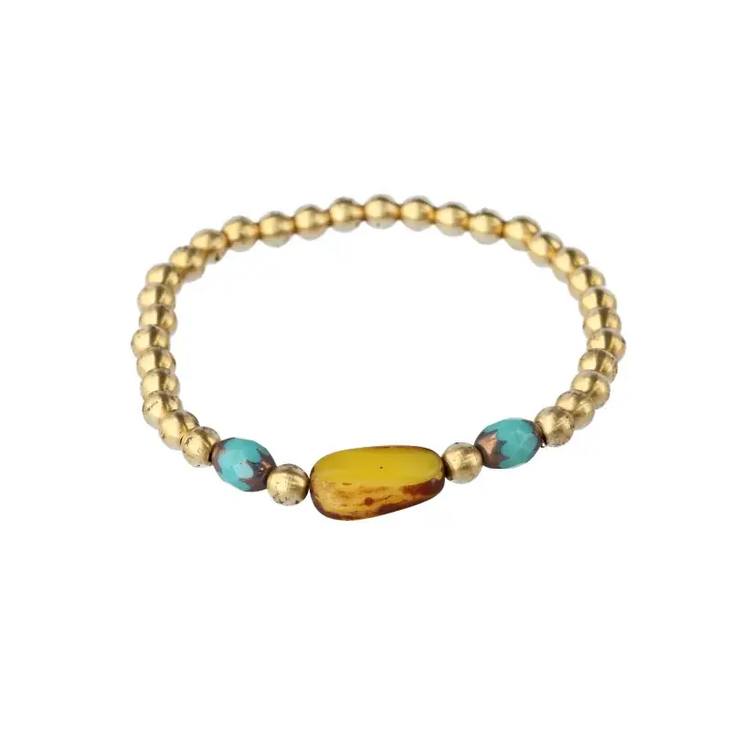 Bracelet fantaisie perles dorées et pierres véritables - Jaune