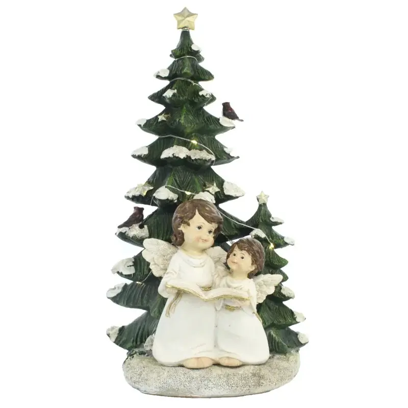 Statue d'Anges et d’un sapin de Noel lumineux en résine de 36cm