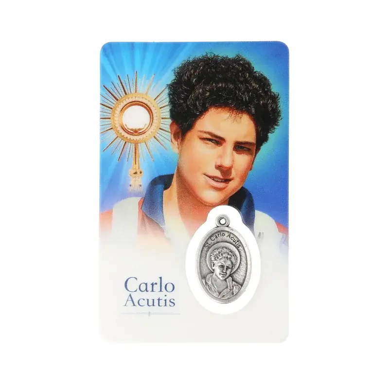Carte de prière Saint Carlo Acutis avec médaille