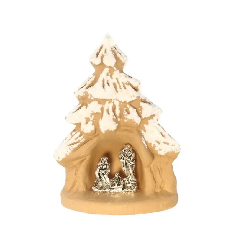 Mini crèche en terre cuite sous sapin enneigé