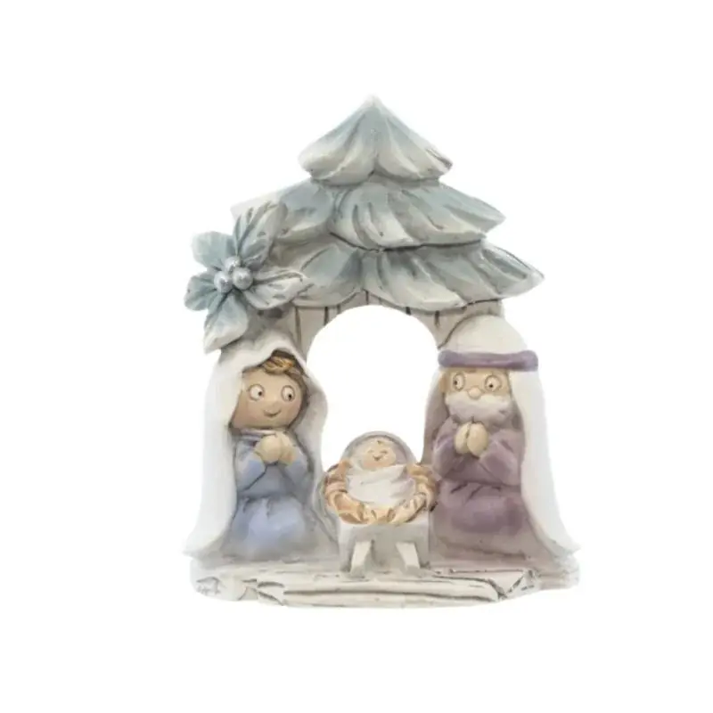 Crèche de la Sainte Famille avec sapin enneigé de 7cm en résine