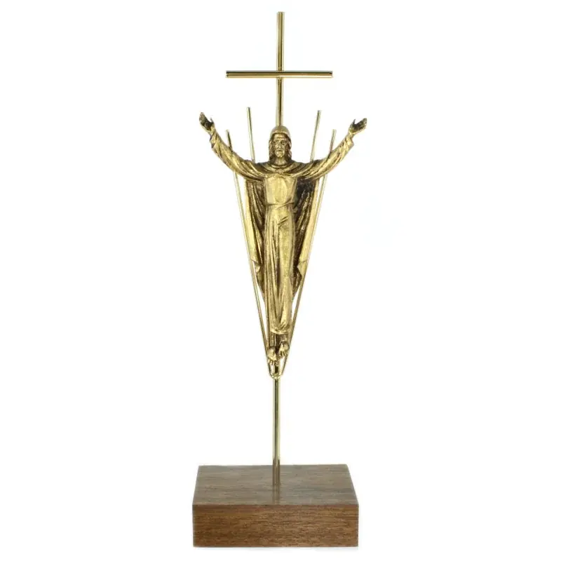 Crucifix du Christ Rédempteur doré avec base en bois de 20cm