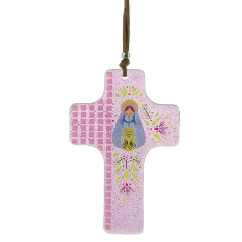 Croix de la Vierge à l'enfant en verre rose de 12cm