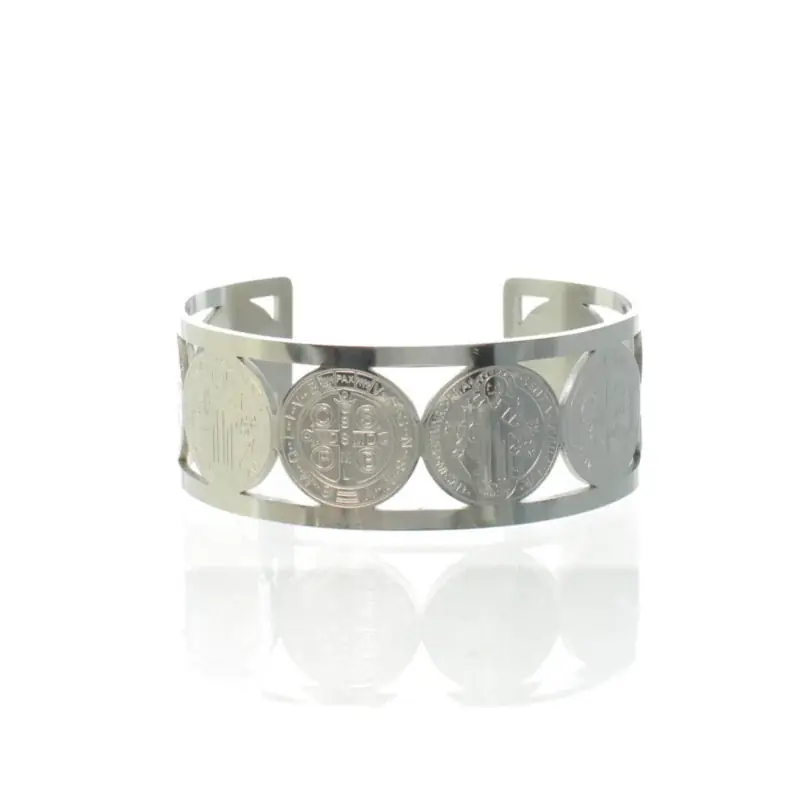 Bracelet manchette de Saint Benoit en Acier Inoxydable argenté