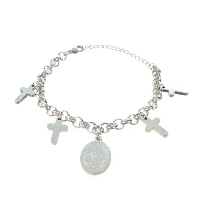 Bracelet avec 4 croix et médaille miraculeuse en acier
