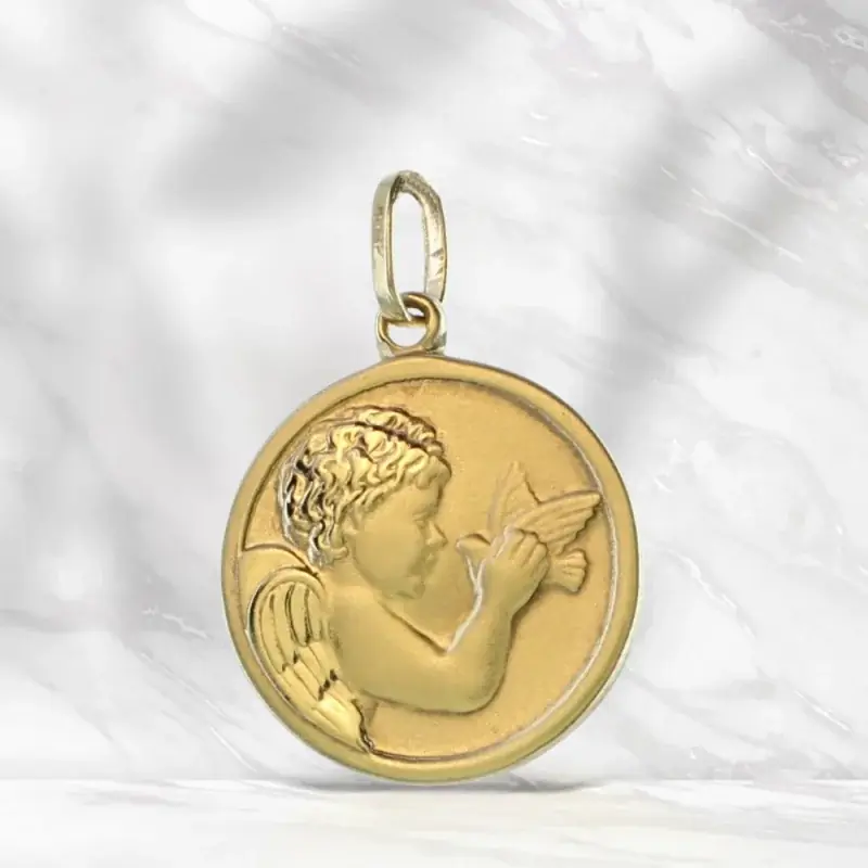 Médaille en Or 9 carats d'un ange et d'une colombe 15mm