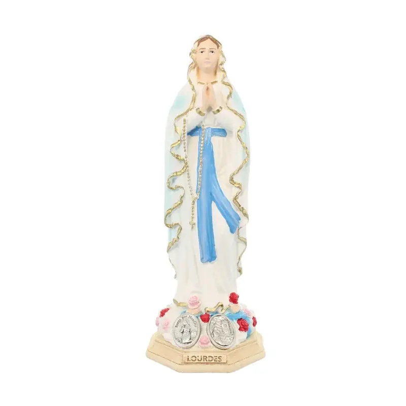 Statue de Notre Dame de Lourdes avec 2 médaille en résine 15cm