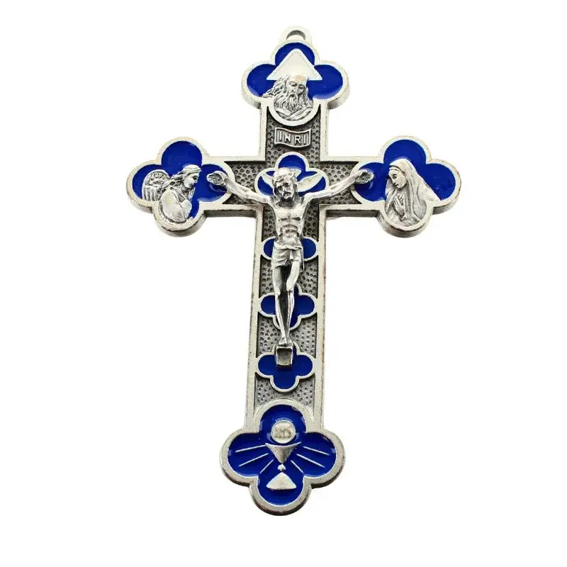 Croix quadrilobe en métal émaillée bleue de 13cm