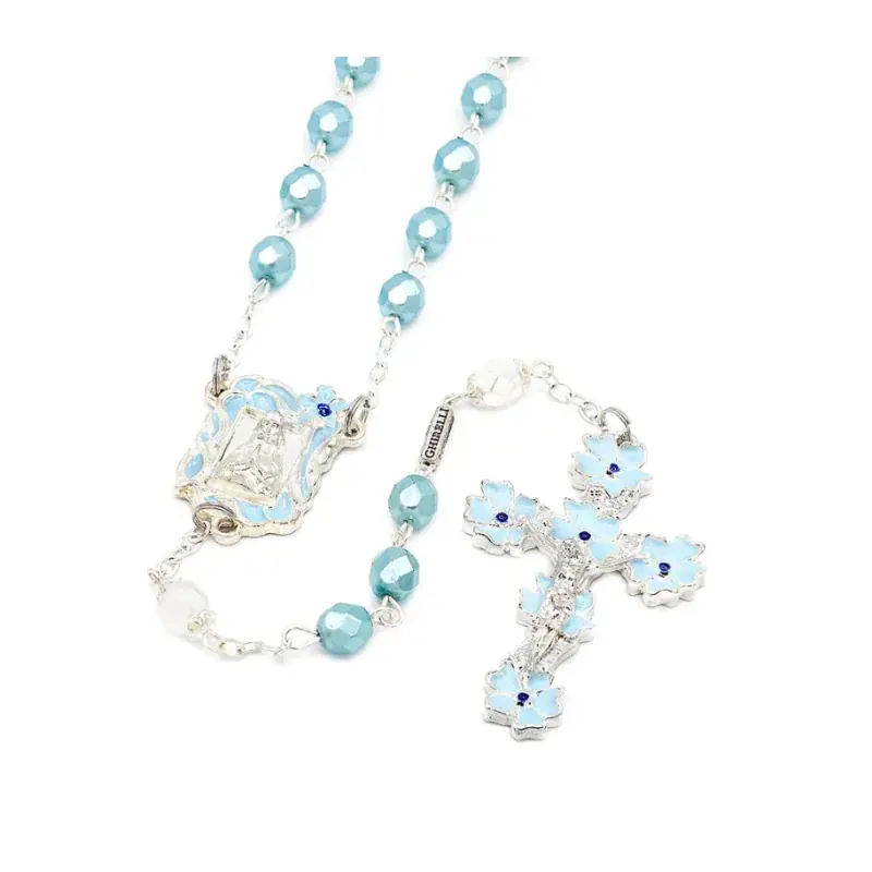 Chapelet de Lourdes perles cristal de Bohème bleues et croix fleurie