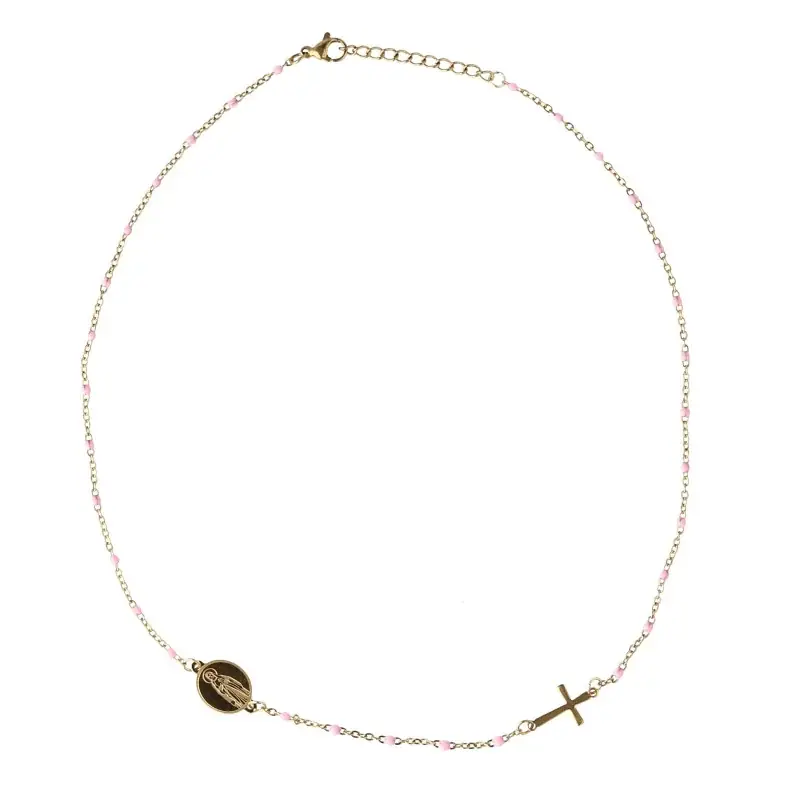 Collier Chapelet médaille de la Vierge en acier doré et perles
