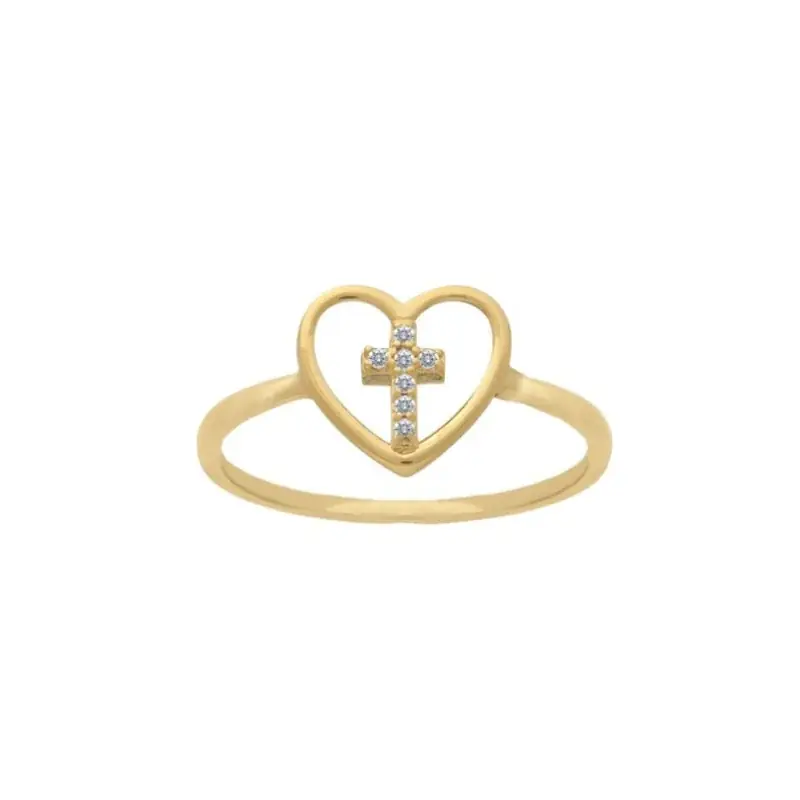 Bague en forme de coeur avec croix en Plaqué or