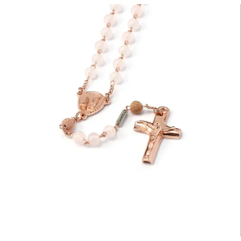 Chapelet de l'Apparition de Lourdes en argent rose et perles en quartz rose