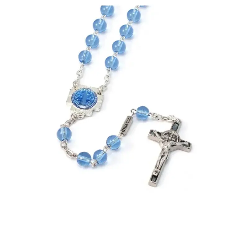Chapelet de Saint Benoit argenté et perles bleues