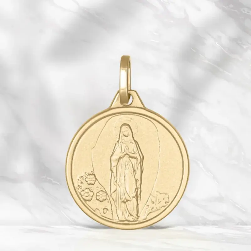 Médaille ronde Notre Dame de Lourdes Or 9 carats 1.4cm