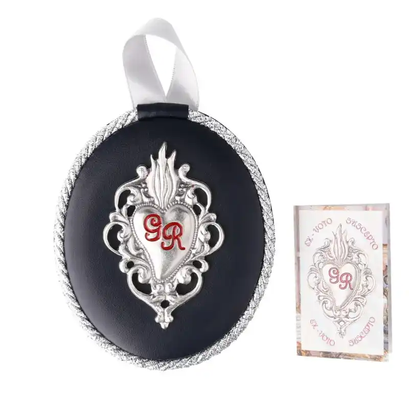 Ex-Voto ovale en cuir noir - Cœur "Grâce reçue"