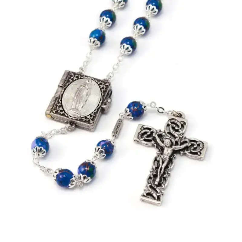Chapelet Mystères du Rosaire en plaqué argent et perles facettés bleues