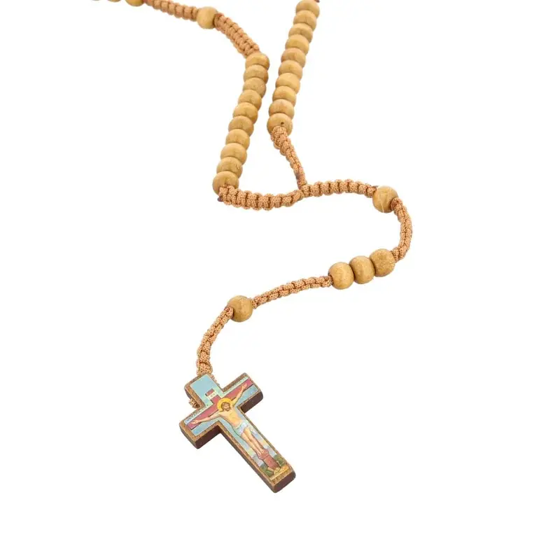 Chapelet sur corde avec Croix Christ coloré et grains bois