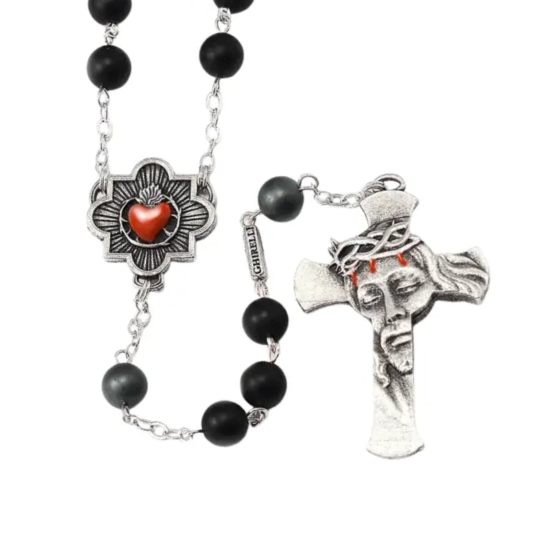 Chapelet du Sacré Coeur de Jésus en pierre d'agate noir