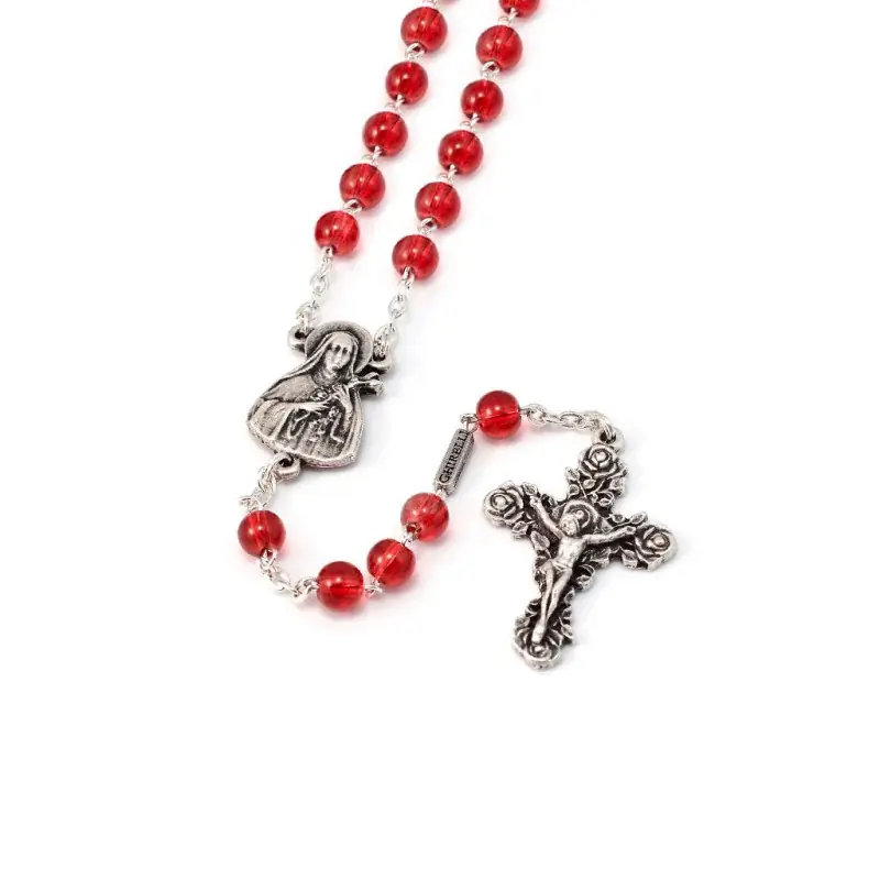 Chapelet de Sainte Thérèse argenté avec perles rouges