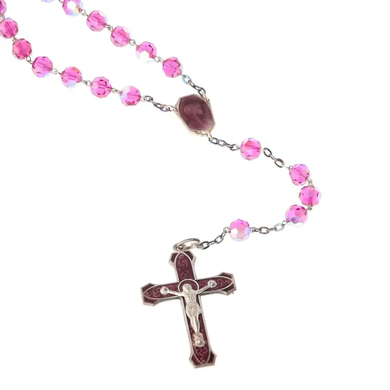 Chapelet de l'Apparition de Lourdes et de la Vierge de Profil en Argent et Cristal Swaroski Fushia