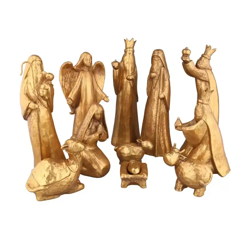 Crèche 11 personnages dorés 20 cm en résine