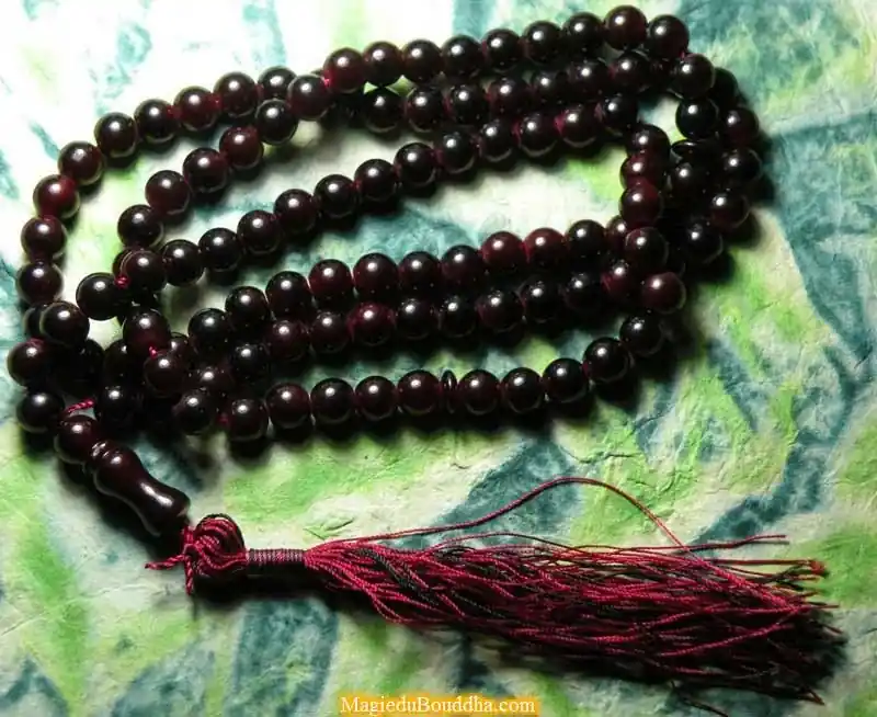 Tibetan Mala in dark red "ruby color" glass.