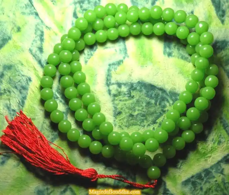 Large Tibetan mala in jade-colored glass.