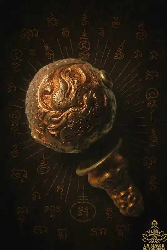 Large head bead for mala - Dragon decoration (silver and copper).