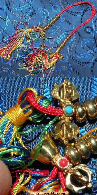 Mantra counters for mala - brass bell and dorje with cabochons.