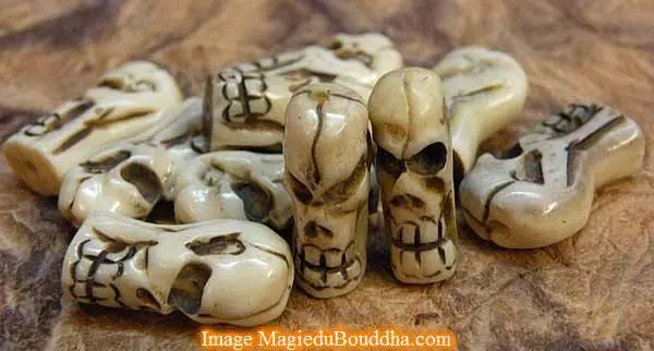 Tibetan mala beads in the shape of skulls (made of yak bone).