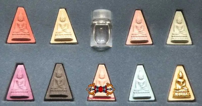 Collection of 9 Thai Phra Nang Phaya Amulets + Buddhist Holy Water - Wat Suthat.