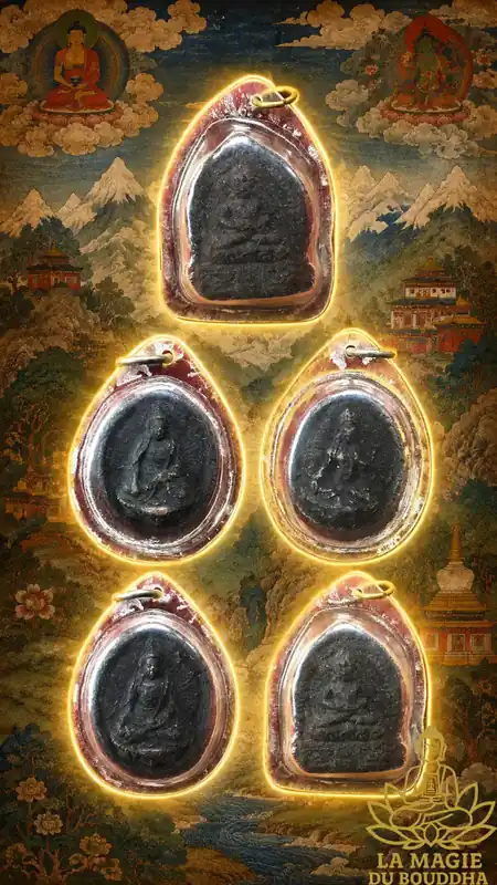 Tsa Tsa amulets in mendrup - Guru Rinpoche, Buddha, Medicine Buddha and White Tara.