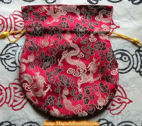 Tibetan mala rosary bag in red and gold brocade.